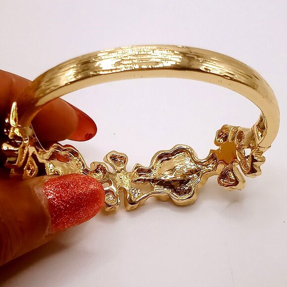 Monet Bracelet Stretchy Floral Gold-Tone Metal Rhinestones Faux Pearls Bangle 7" - Picture 6 of 13